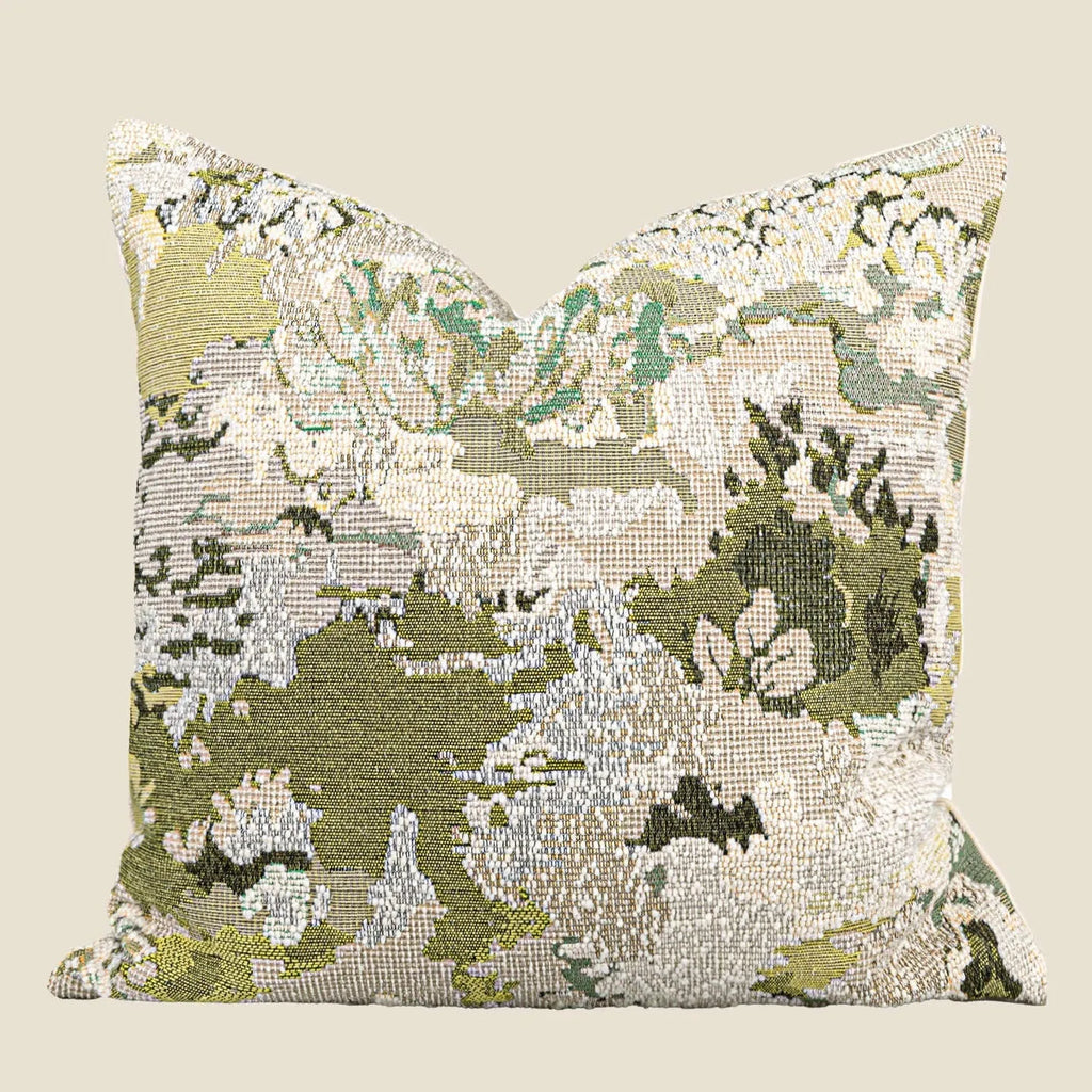 Green abstract floral pattern decorative pillow cover with French antique style, shown in square and rectangular sizes.