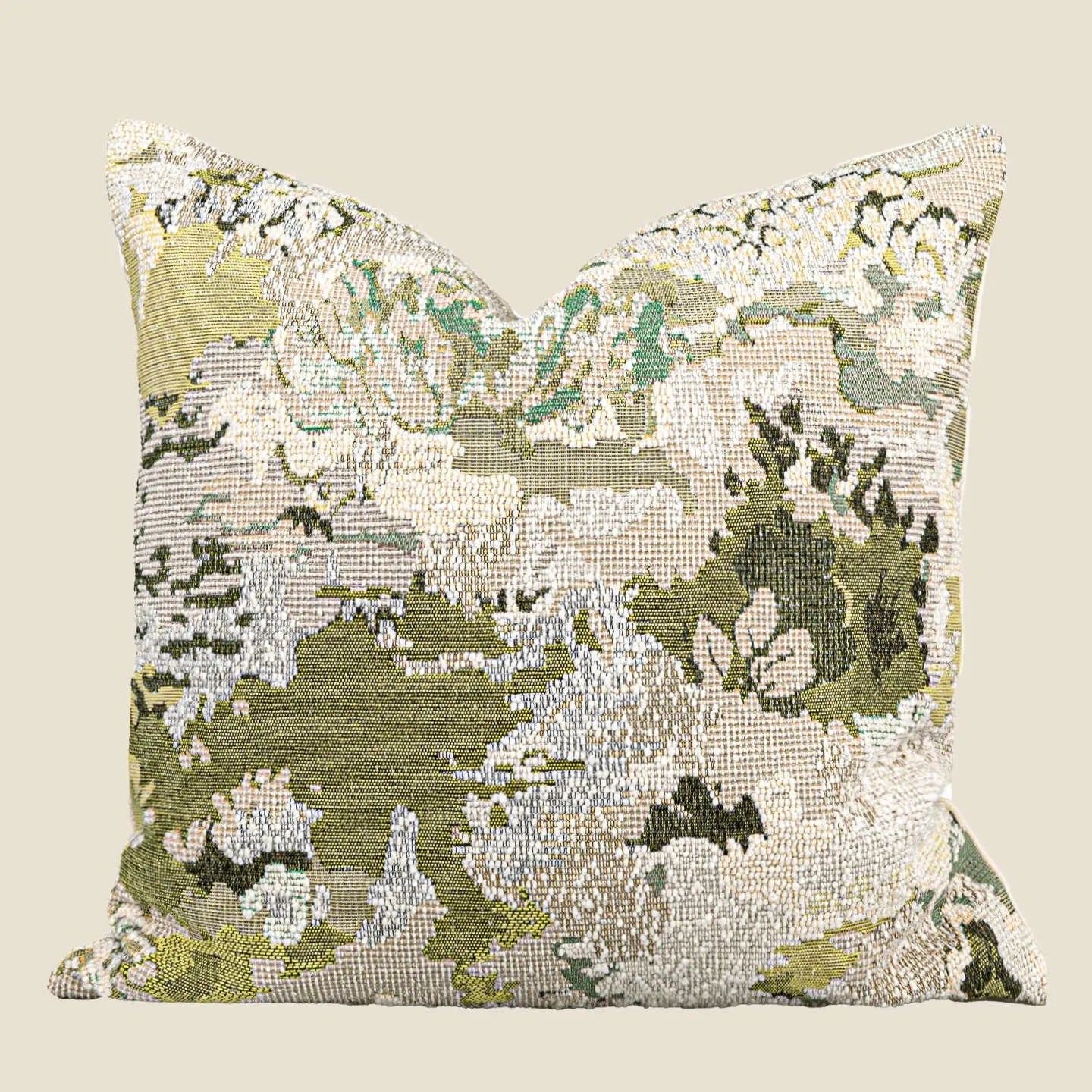 Green abstract floral pattern decorative pillow cover with French antique style, shown in square and rectangular sizes.