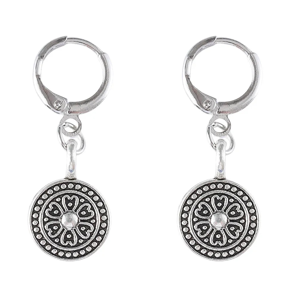 Bohemian style retro earrings with geometric shape and distressed ethnic design in zinc alloy
