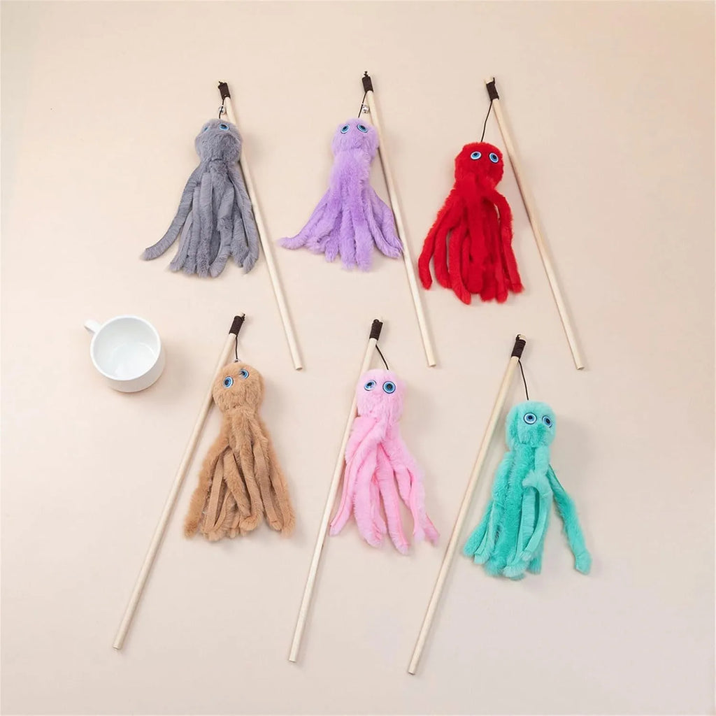 Brightly coloured cat octopus toy with long stick wand for interactive play with indoor cats