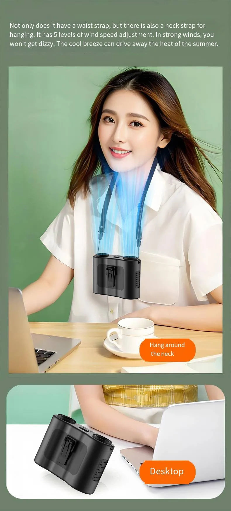 Black waist-hung personal fan with neck lanyard and waist buckle, showing five-blade turbine design