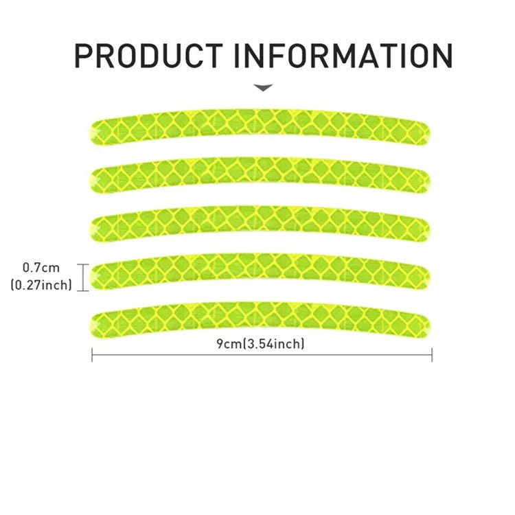 Pack of 20 self-adhesive fluorescent and luminous reflective stickers for car wheel hubs and tyre rims.