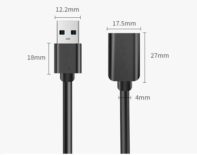 Black USB extension cable with male and female connectors showing length options and double-shielded construction.