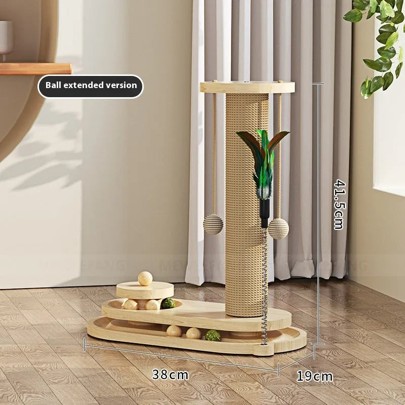 Solid wood cat scratching post with turntable and climbing platforms