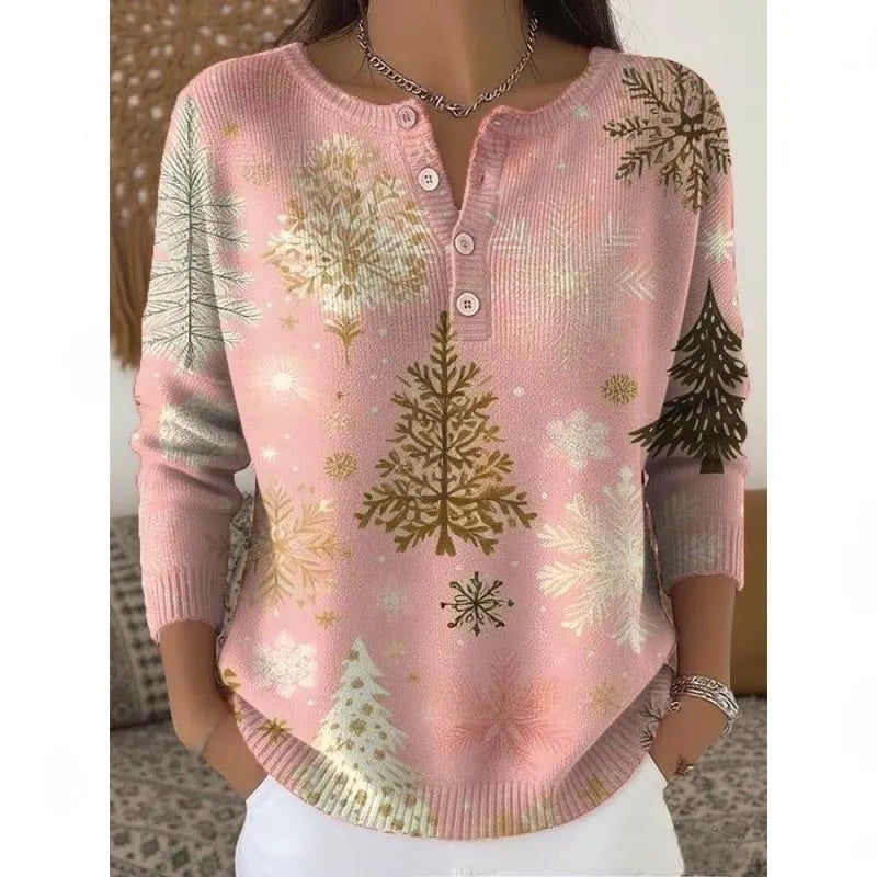 Retro Christmas 3D digital printing T-shirt with four-button stand collar and pullover style, polyester, 50cm length.