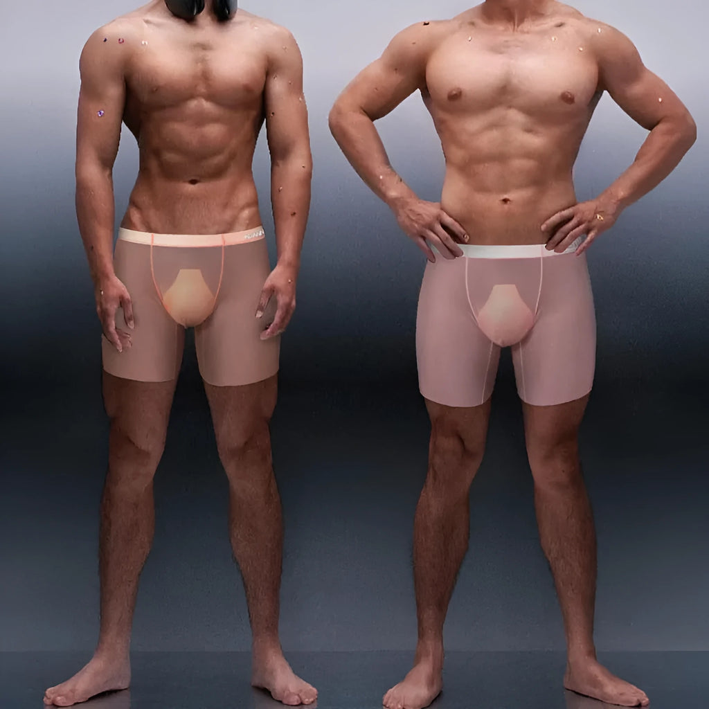 Seamless men's boxer shorts in quick-dry nylon fabric available in orange, pink, and red colours