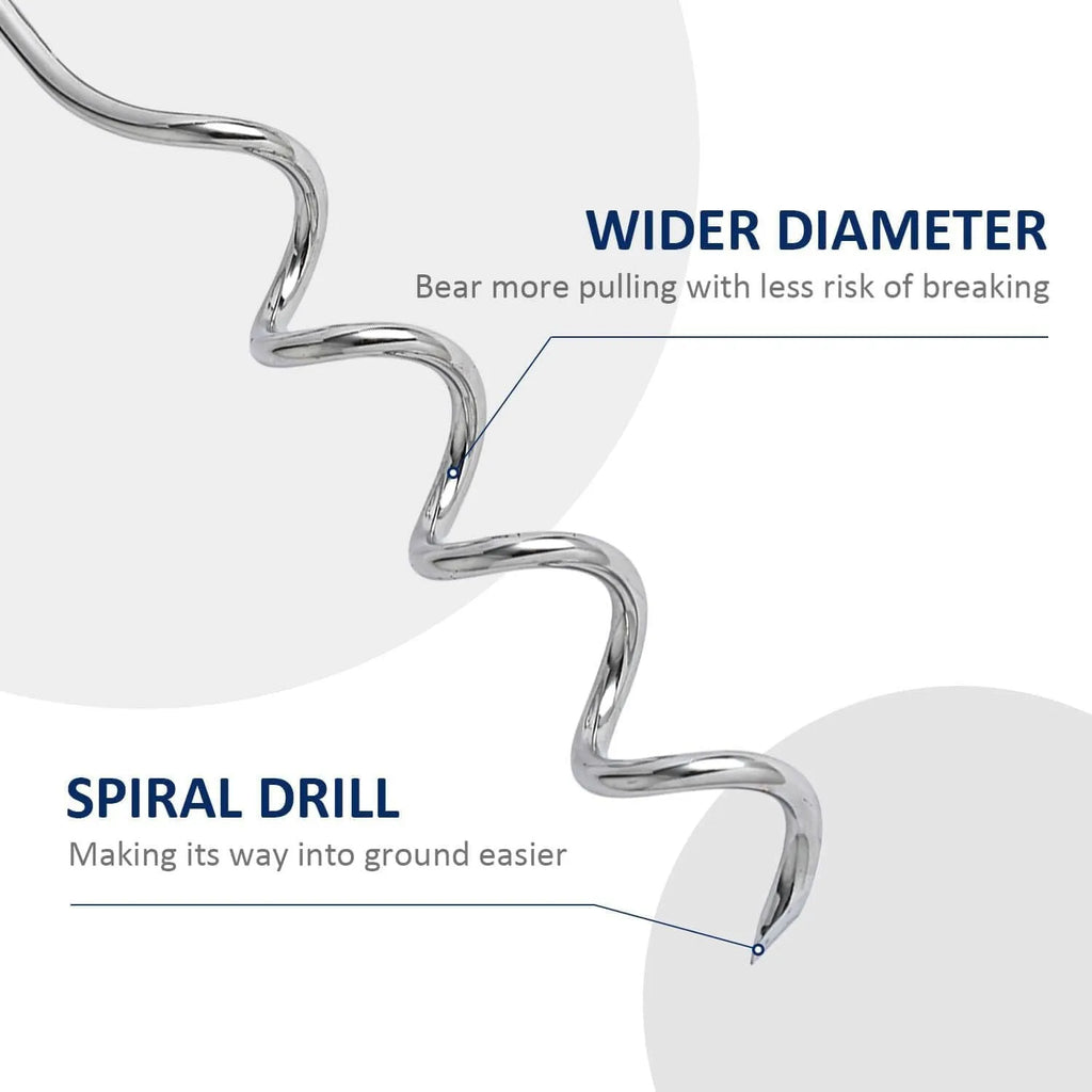 Silver spiral dog tie out stake made of solid steel for secure ground anchoring