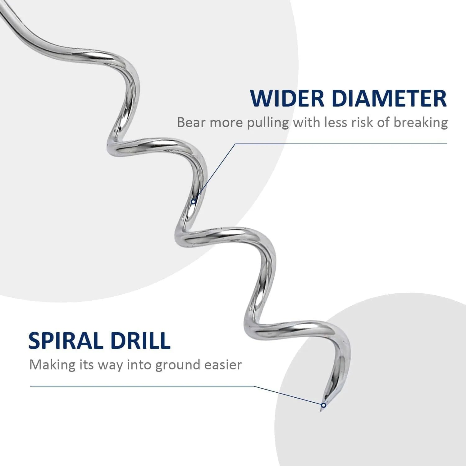 Silver spiral dog tie out stake made of solid steel for secure ground anchoring