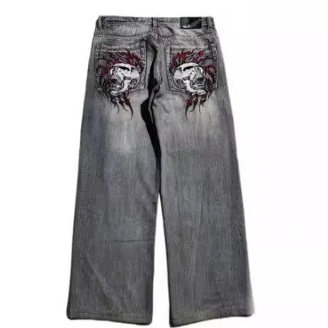 Men's grey retro washed-out jeans with wide-leg workwear design and straight-leg styling