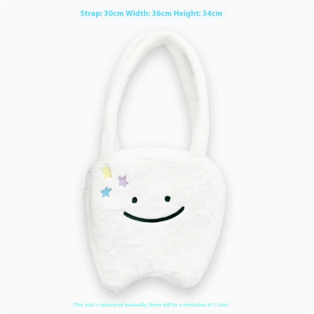 White plush shoulder tote bag with cute teeth design and zipper closure