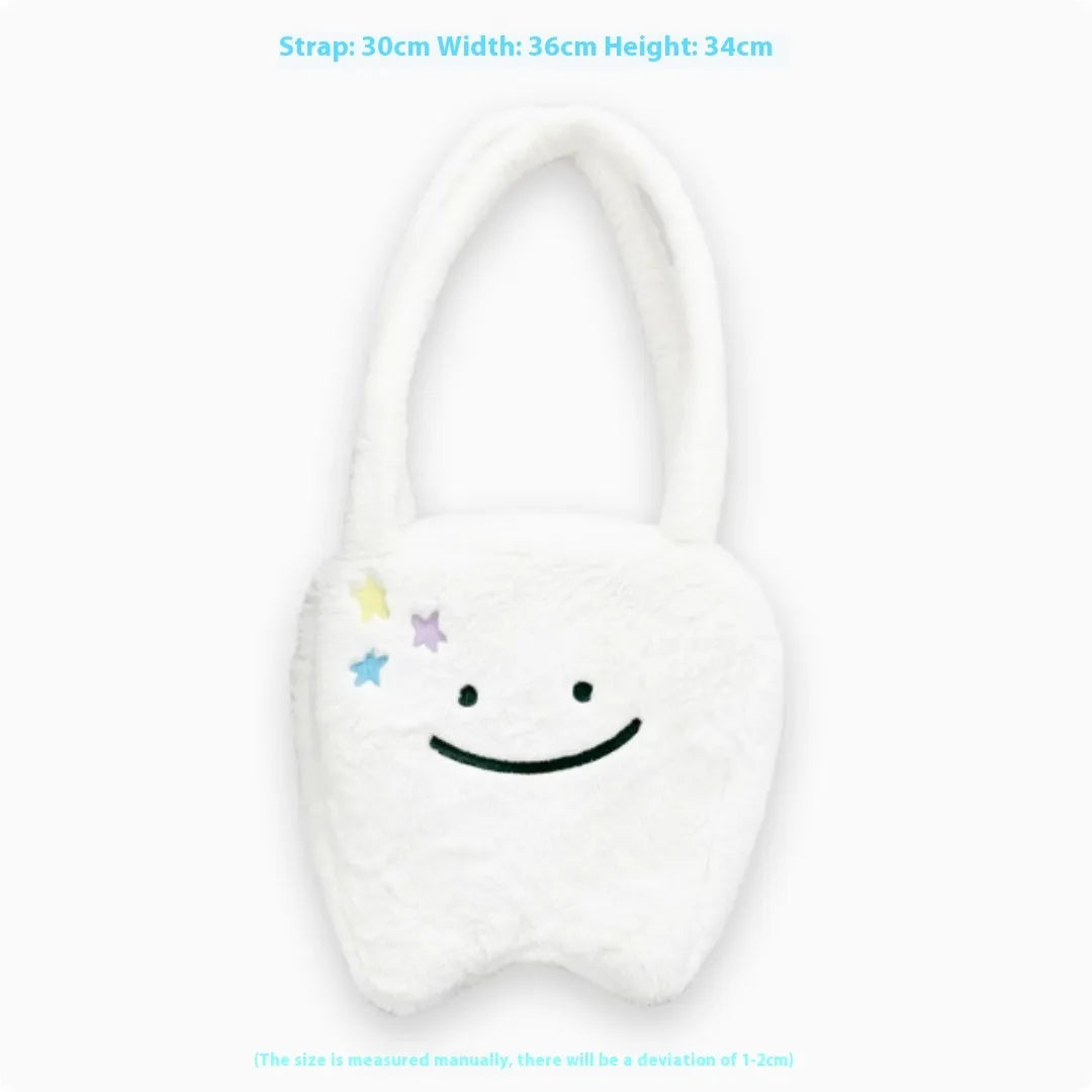 White plush shoulder tote bag with cute teeth design and zipper closure