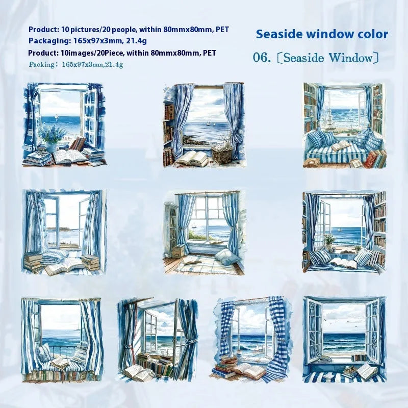 Retro style window-themed decorative stickers for journals in six colour variations