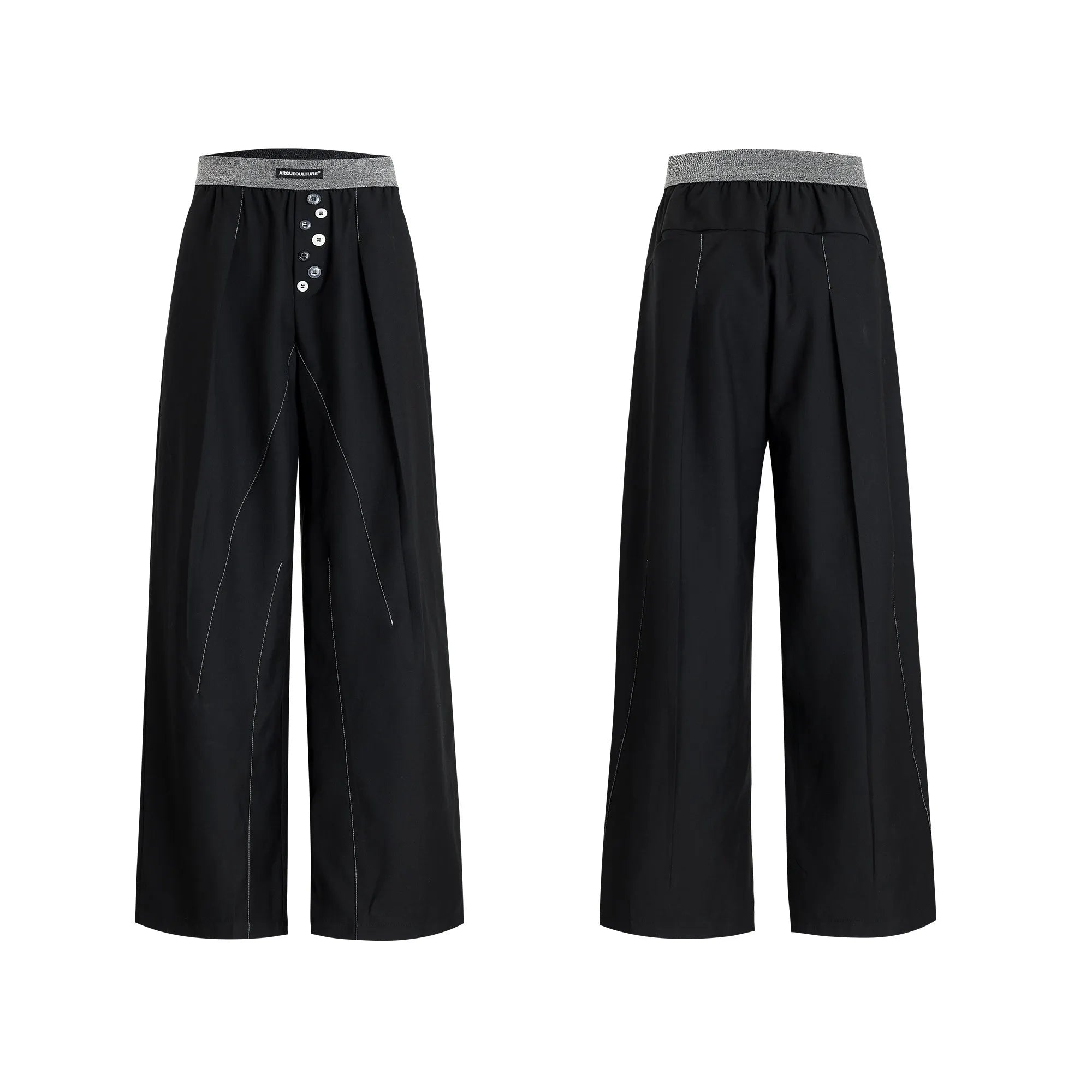 High-waisted straight-leg trousers in grey featuring a button-open line design detail on the leg.