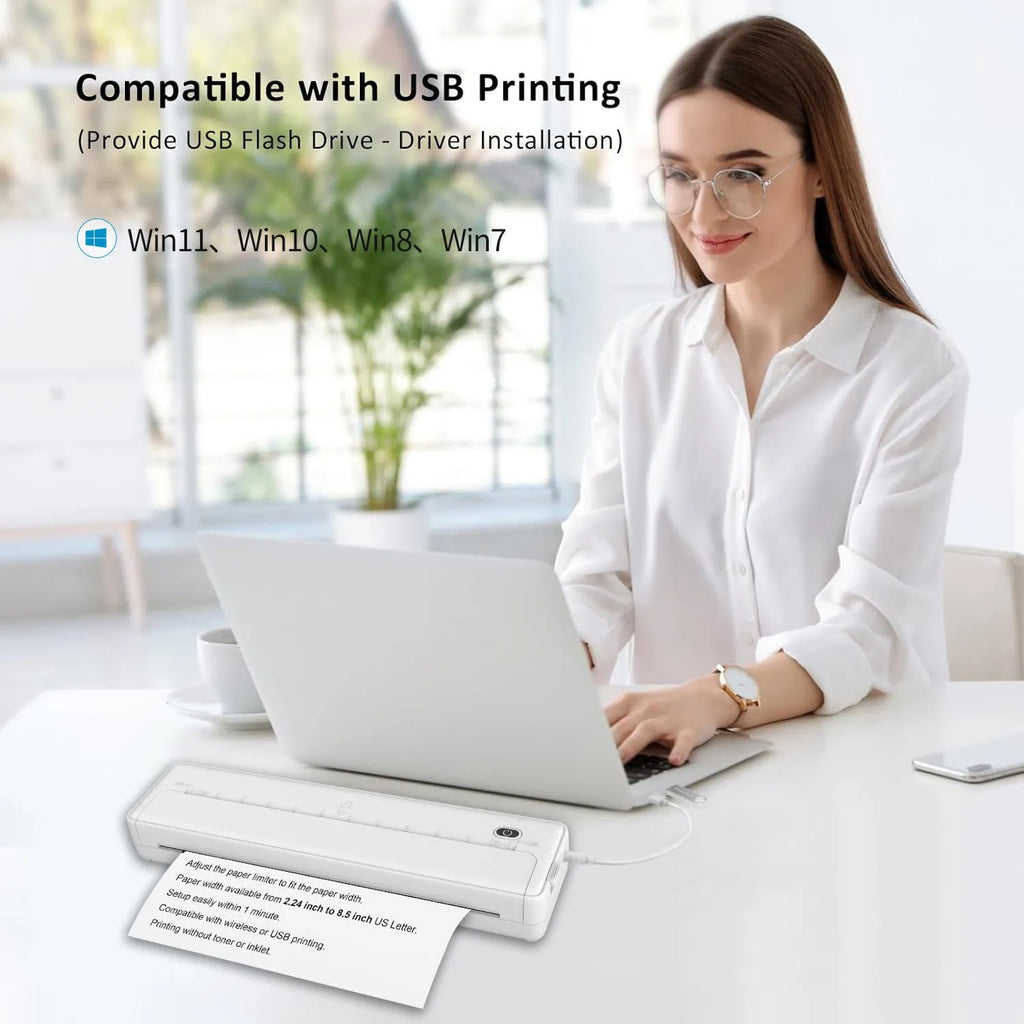 X8 portable A4 Bluetooth printer in black or white, showing compact size next to mobile phone.