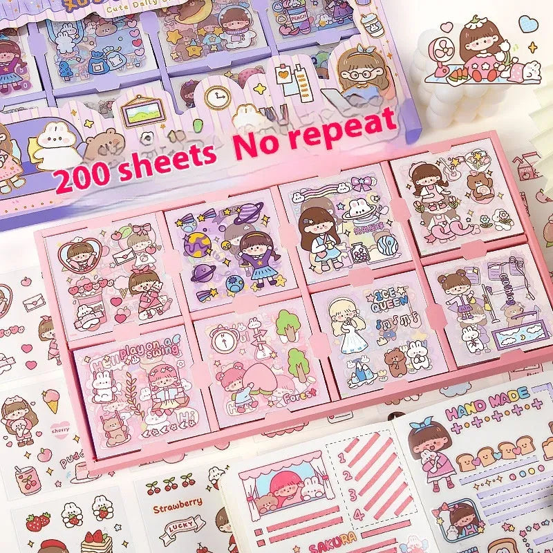 Children's goo card sticker book showing five themed collections: cute meatballs, peach tea party, star team, sweet diary, and happy everyday designs