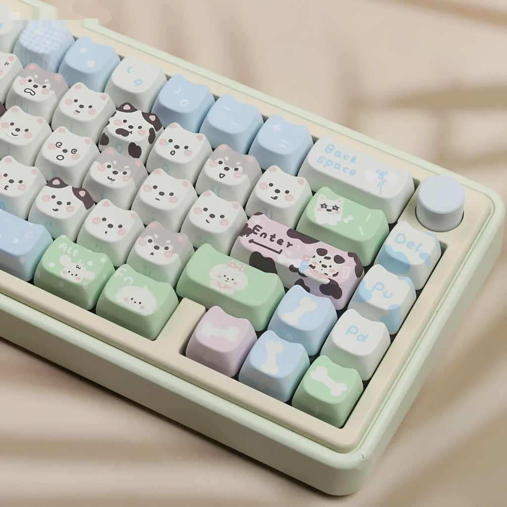 PBT sublimation keycap set with cute puppy designs for mechanical keyboards