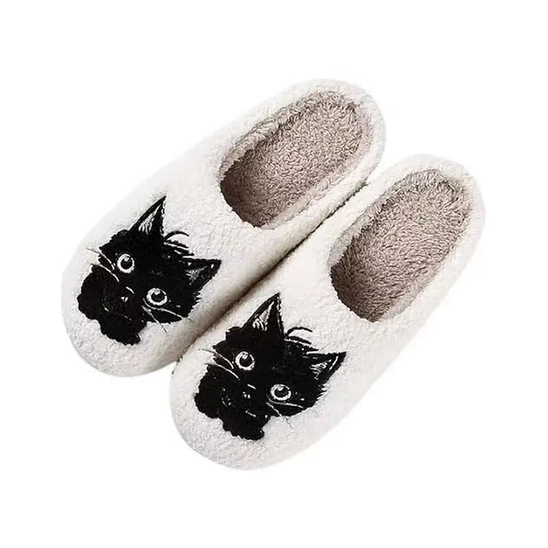 White plush slippers with Black Beard Cat cartoon couple pattern and non-slip sole.