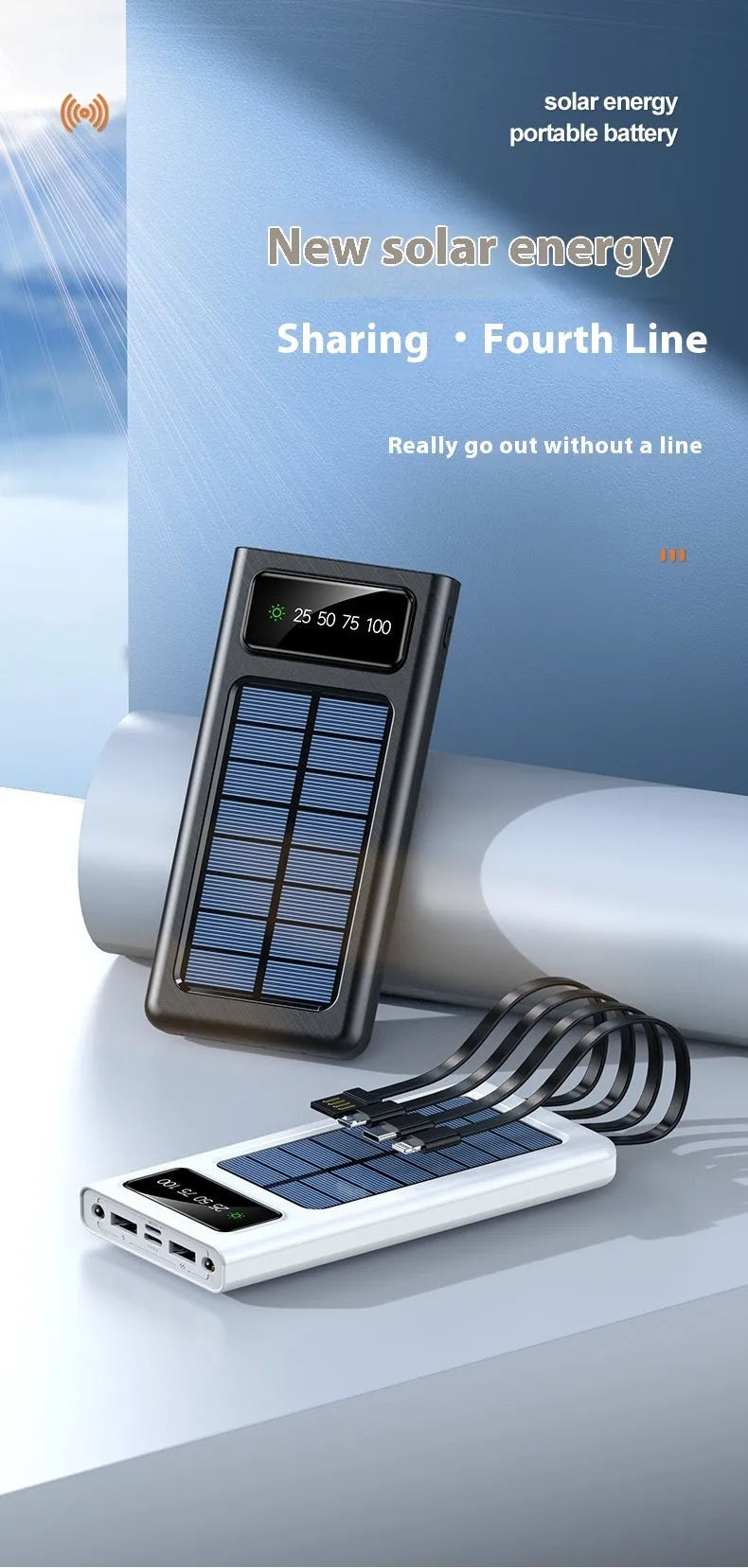 Black and white solar power bank with charging cable showing 20000mAh capacity and solar panel