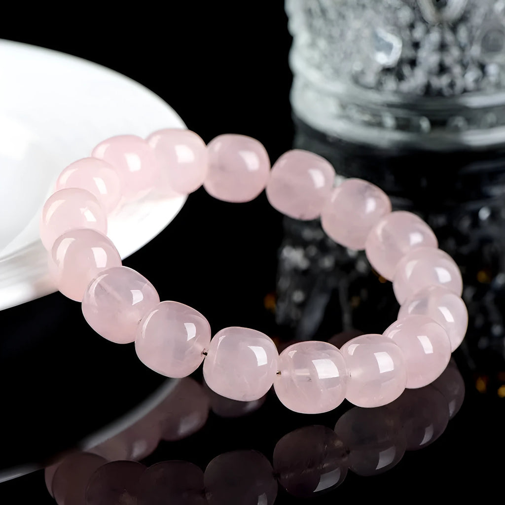 Natural bamboo crystal barrel bead bracelet with geometric design and pink colour
