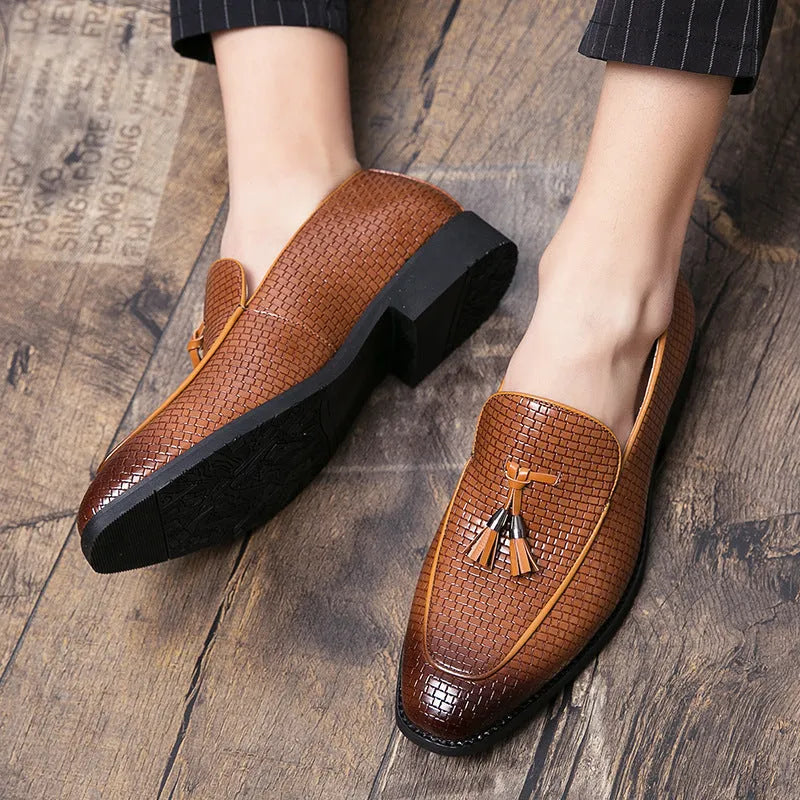 Men's black pointed slip on shoes with tassel detail on artificial PU upper