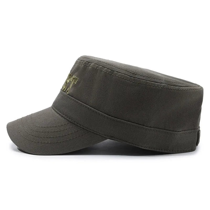 Men's cotton flat-top peaked cap in adjustable size with dome crown