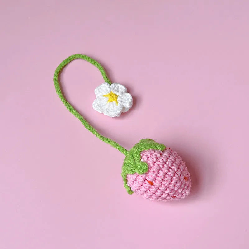 Knitted wool crochet woven strawberry pendant on a long cord, red and pink colour options.