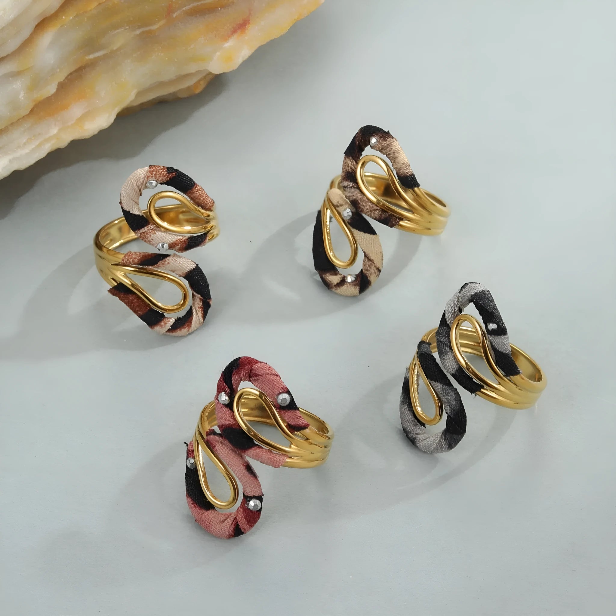 Leopard series stainless steel open mouth adjustable ring with geometric designs