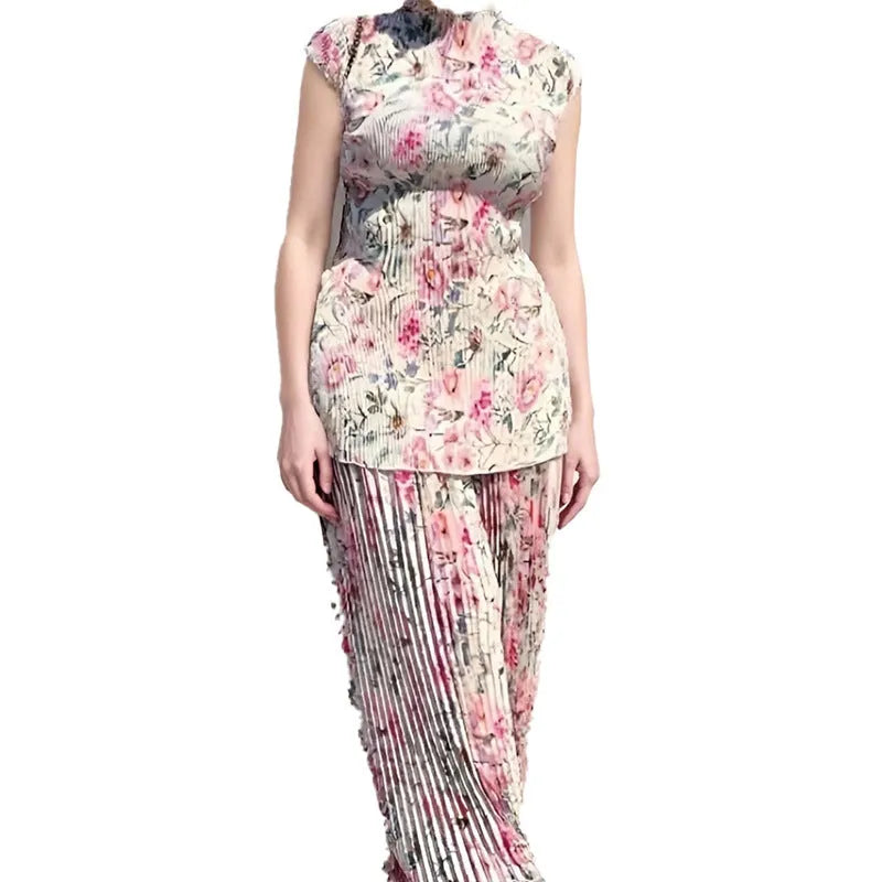 Long sleeve printed chiffon two-piece dress set with high-waist skirt on a model.