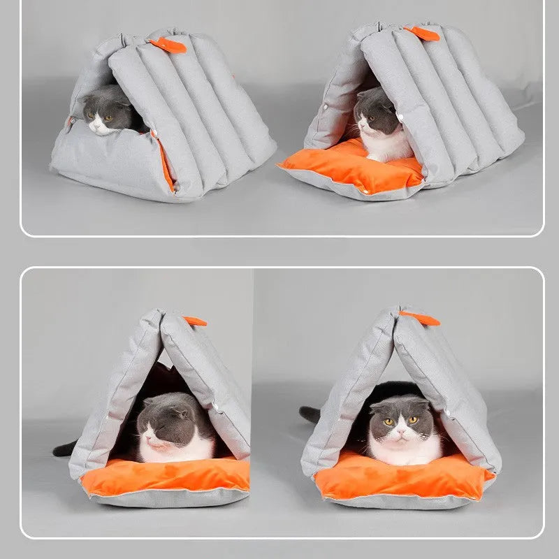 Blue triangular fabric cat nest with visible holes for connection, shown with removable cotton cover.