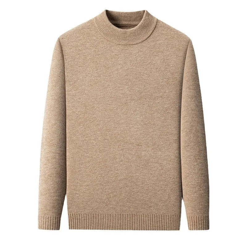 Men's solid colour half turtleneck wool pullover showing fine yarn knit construction