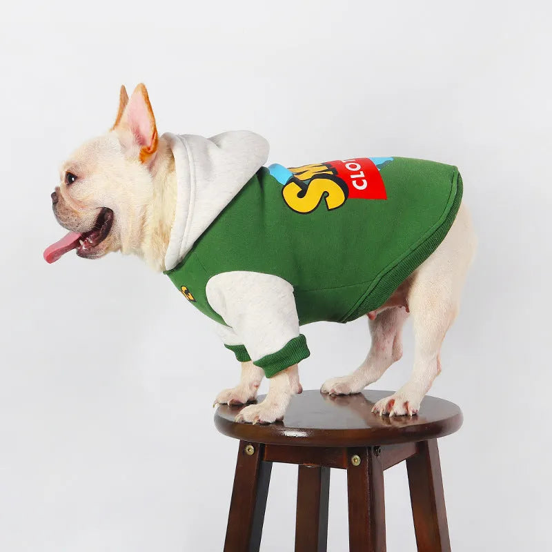 Green cotton dog coat shown on a large breed dog, sizes available from L to 4XL.