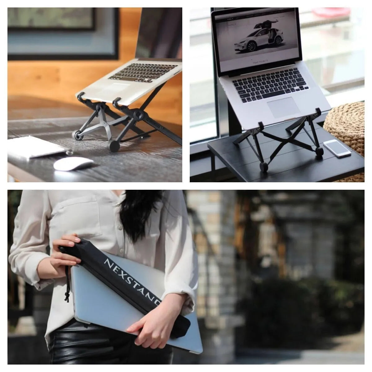 Sagacious black portable folding laptop bracket measuring 40cm wide with carrying case