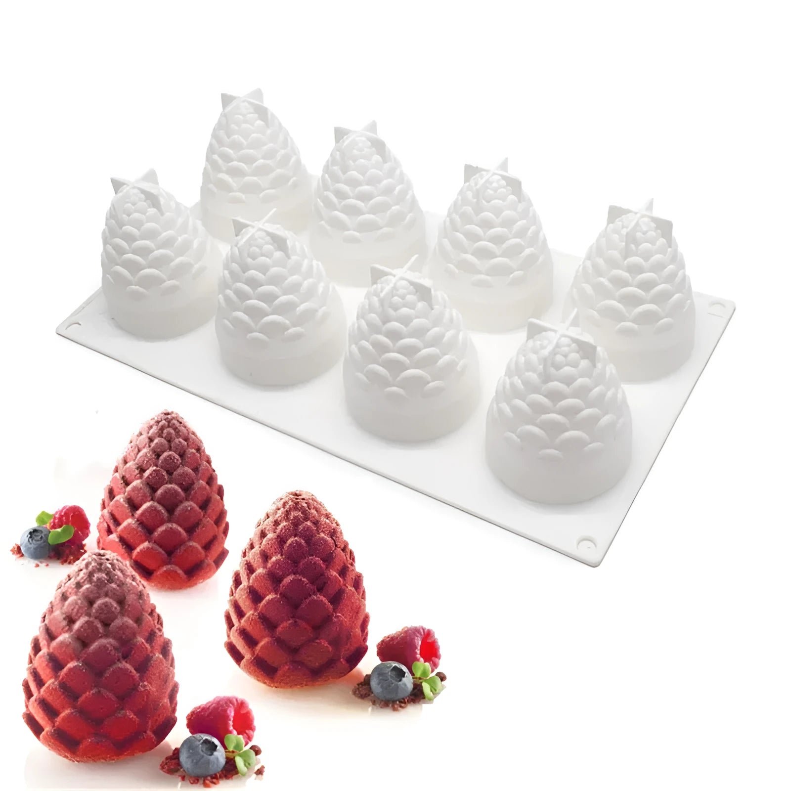 Green silicone baking mould with six cavities shaped like pineapples and pine cones.