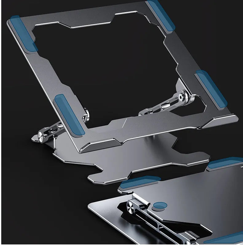 Grey aluminium laptop stand with adjustable angle and foldable design for 15-inch notebooks