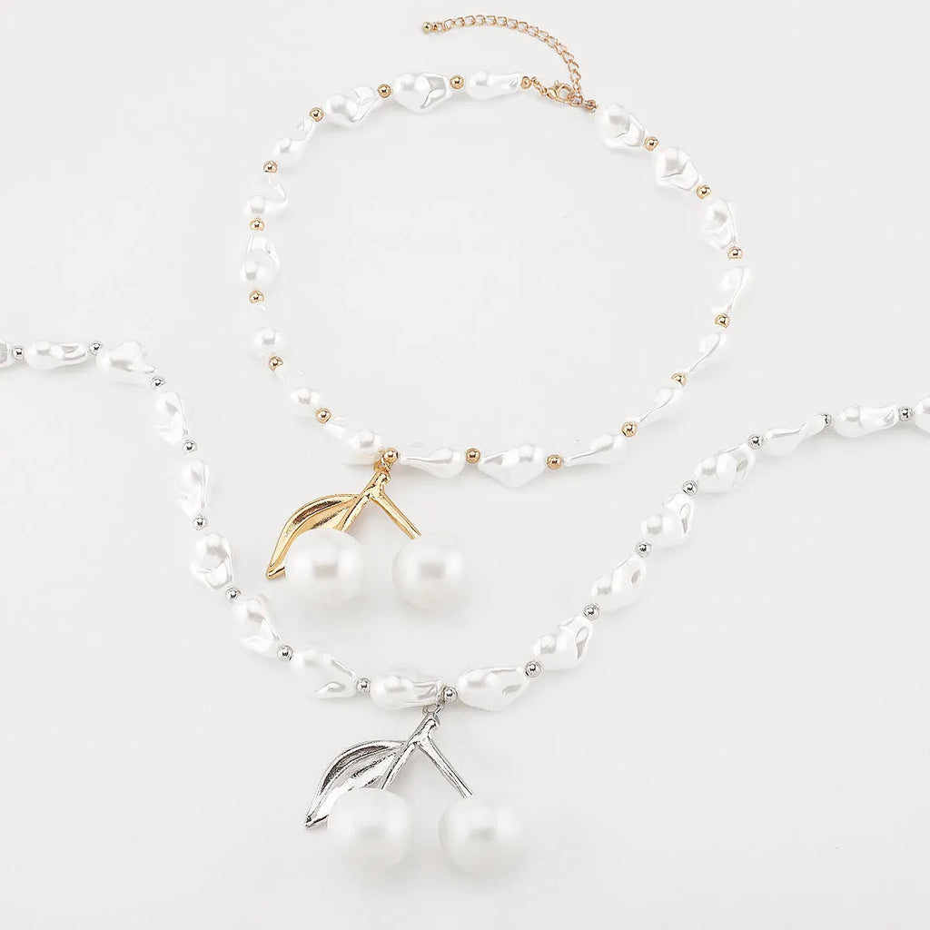 Women's irregular pearl cherry fruit necklace with gold or white K electroplated finish and adjustable 51cm-60cm length