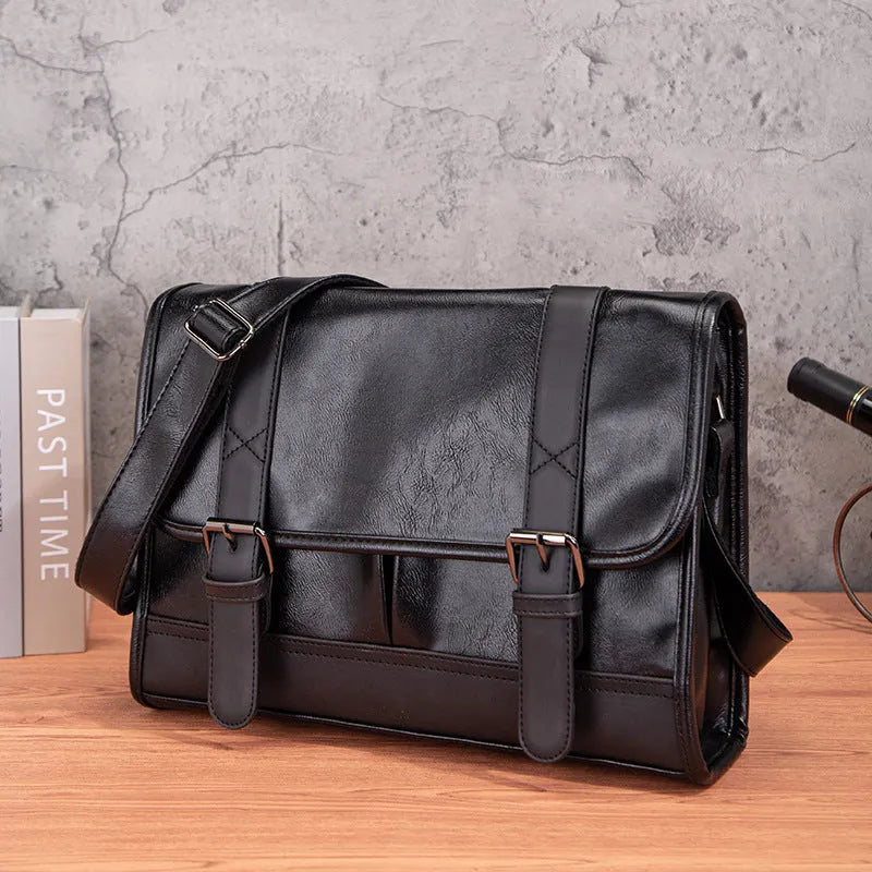 Black Korean-style commuter men's backpack with anti-theft features and decorative stitching