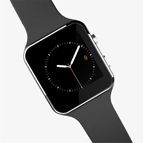 Smart watch with a black silicone strap and a 1.54-inch HD touch screen displaying a digital watch face.