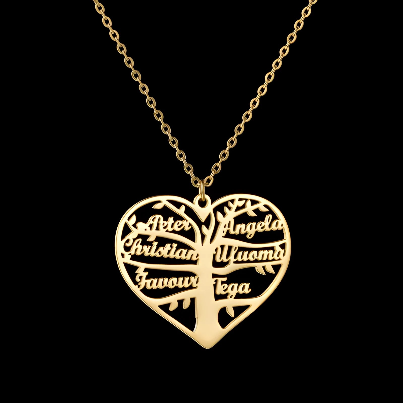 Custom stainless steel necklace with hollow heart and lucky tree pendant, shown in silver, gold, and rose gold finishes.
