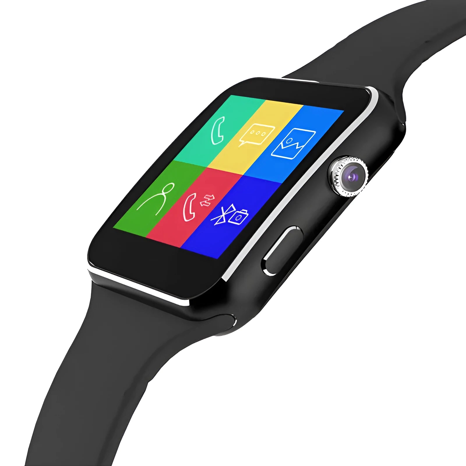 Smart watch with a black silicone strap and a 1.54-inch HD touch screen displaying a digital watch face.