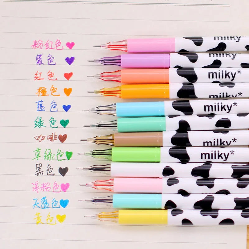 Cow colour gel pen set showing 12 assorted colours with 0.38mm fine tips in plastic barrels