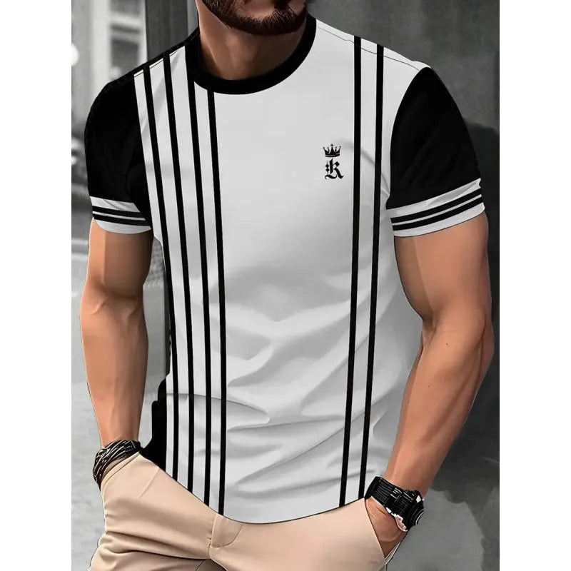 Men's loose fit short-sleeve T-shirt featuring a digital 3D printed stripe pattern in various colours.