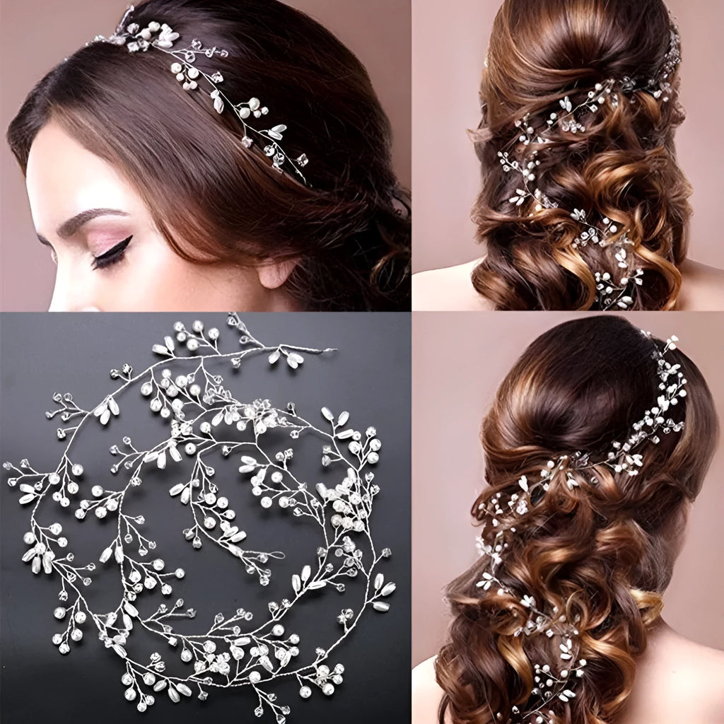 Silver gold rose gold crystal pearl wedding hair band with copper wire construction in three lengths