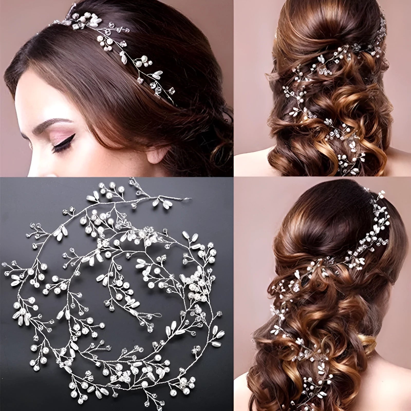 Silver gold rose gold crystal pearl wedding hair band with copper wire construction in three lengths