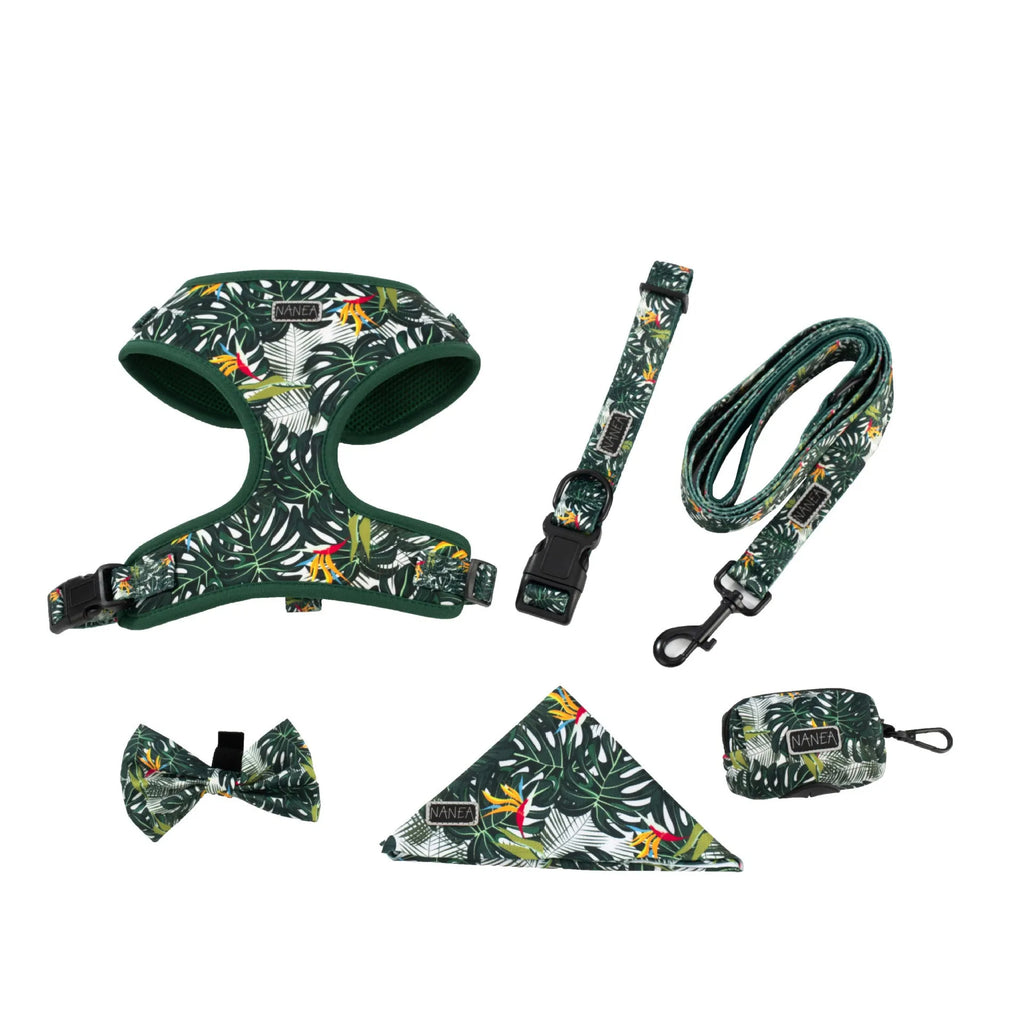 Adjustable cloth dog harness set with six pieces including vest, collar, rope, waste bag, bow tie, and scarf