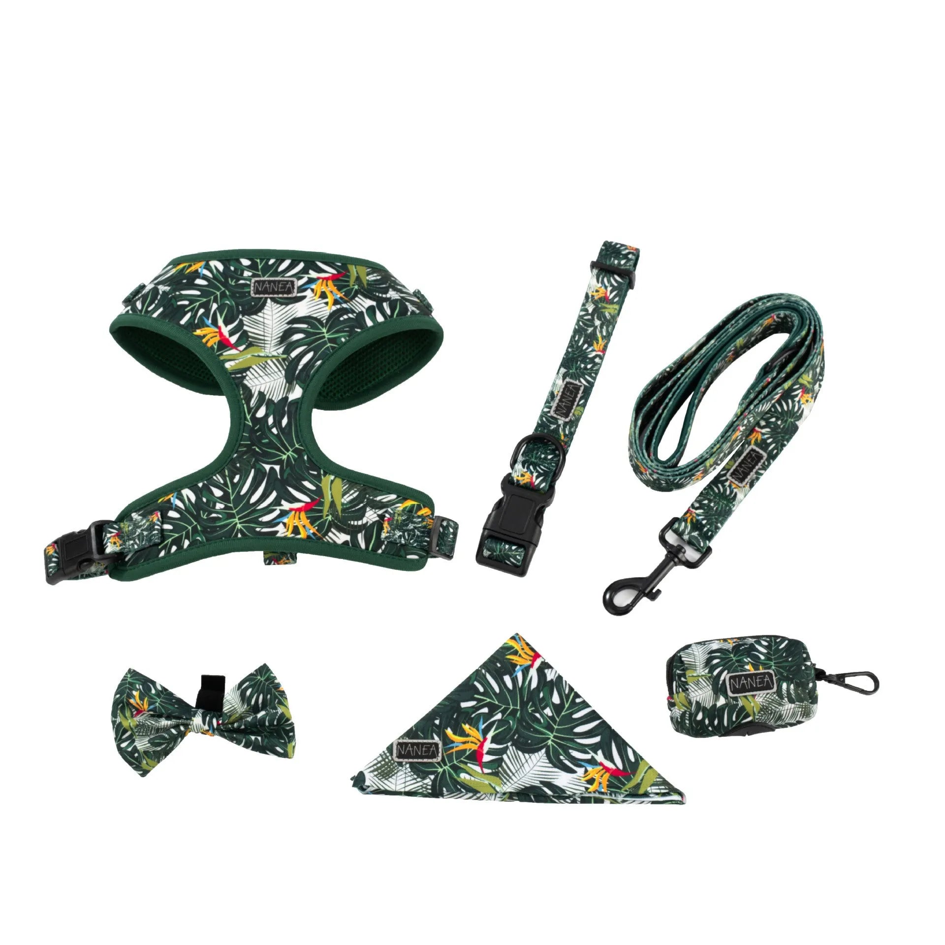 Adjustable cloth dog harness set with six pieces including vest, collar, rope, waste bag, bow tie, and scarf