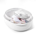 Aluminium household food defrosting plate with USB cable on a kitchen countertop.