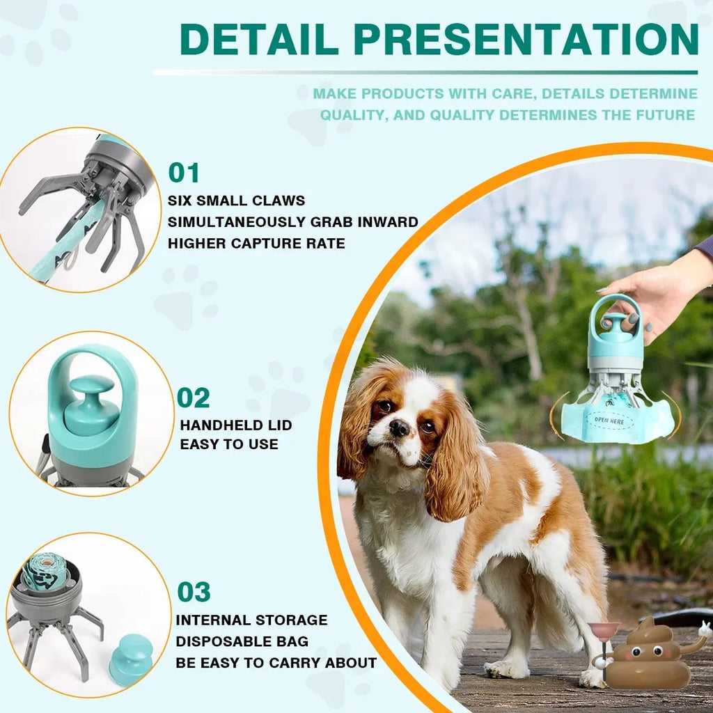 Blue pet pooper scooper claw with integrated bag dispenser for outdoor dog waste clean-up.