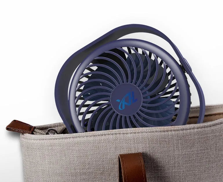 USB charging desk fan with alarm clock display and 360-degree rotation, in blue colour