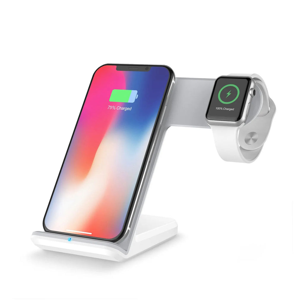 Black and white Qi wireless charging pad for mobile phones with Type-C cable.