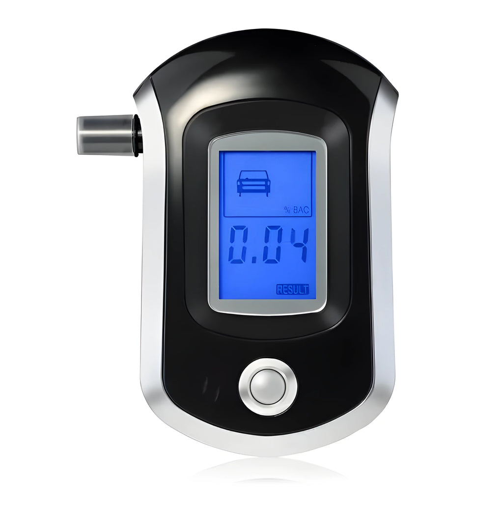 Black portable alcohol breathalyser with LCD screen and detachable mouthpiece.